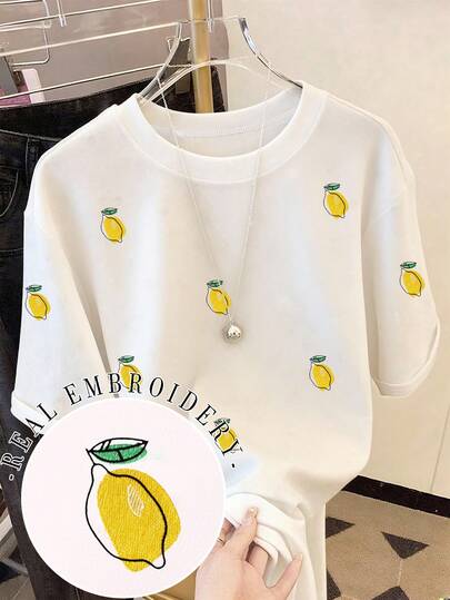 Resyla Dammode Casual T-shirt med nedsänkt axel och rund hals, Citronbroderad T-shirt, Citronbroderad T-shirt, Casual och bekväm utomhus-T-shirt, Helårs-T-shirt, Frukt-T-shirt