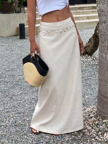 Dazy Tall 高个女式亮片拼接半身裙，度假风 - 杏色 - 查看 1