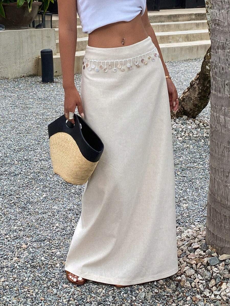 Dazy Tall 高个女式亮片拼接半身裙，度假风 - 杏色 - 查看 1