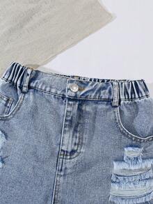 Short en jean pour adolescentes, nouvelle arrivée d'été, style Y2K, short en jean d'été pour petites filles, nouveau produit, lavage vintage délavé et déchiré, polyvalent à la mode, coupe assortie, tissu en jean confortable, convient pour les festivals de musique, les vacances d'été, les sorties, les fêtes - Jean clair - Voir 6