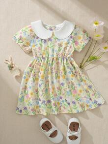 Souflis Souflis 法国新款复活节女婴黄色兔子花园图案彼得潘领短袖连衣裙，适合居家、外出及各种场合穿着。 - 黃色 - 查看 7