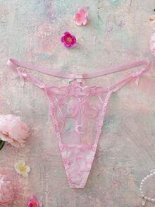 FloralLove 情人节爱心刺绣粉色蝴蝶结低腰浪漫花卉舒适度假浪漫礼物女士丁字裤 - 粉色 - 查看 10
