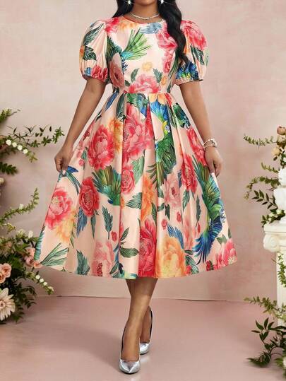 Fleurora Plus Size Summer Floral Print Puff Sleeve Dress