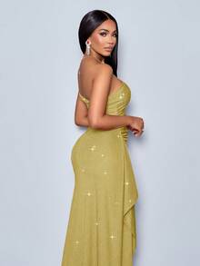SOLERSUN Suitable For Christmas Party Vacation & Dating & Valentine's Day Dating Bright Red Asymmetrical Shoulder Straps High Side Slit Ruffle Trim Sparkly Long Dress For New Year Clothes Maxi Women Outfit Slit Dress Vegas Dress Sexy Vacation Dress Green Sparkly Dress Cruise Dress - Mustard Yellow - View 2