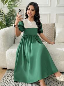 SHEIN Vestido Elegante com Gola Colorblock, Decoração de Pérolas e Manga Pétala para Menina Pré-Adolescente - Verde - Visão 5