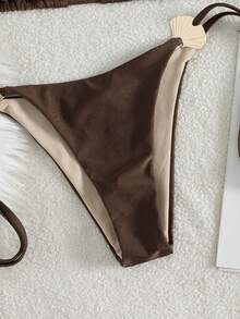 Swim Chiccia Ladies Brown Folded Metal Jewelry Sexy, Elegant, Fashion Halter Rope Pants Bikini Set For Beach Music Festival, Spring/Summer - Brown - View 4