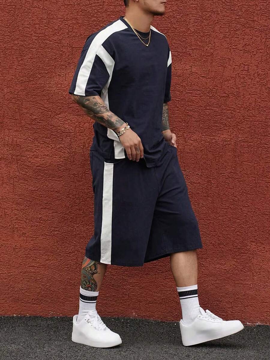 DAZY Men's Summer Patchwork Contrast Color Letter Print Short Sleeve T-Shirt And Shorts Set - Navy Blue - View 1