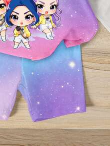 一套女婴休闲可爱卡通韩流女孩扎染渐变印花短袖圆领T恤和紧身短裤套装，夏季外出舒适装扮 - 彩色 - 查看 5