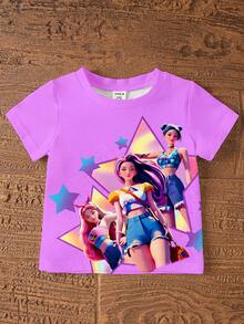 一套女童休闲时尚韩流卡通渐变闪亮星星印花短袖针织T恤和配套星星图案印花短裤套装，舒适的T恤套装，适合女童日常、假期和上学穿着。 - 彩色 - 查看 6