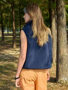 SHEIN In My Nature Women's Color Block Fuzzy Zip Front Pockets Casual Versatile Daily Outdoor Vest Jacket - Blue - View 2