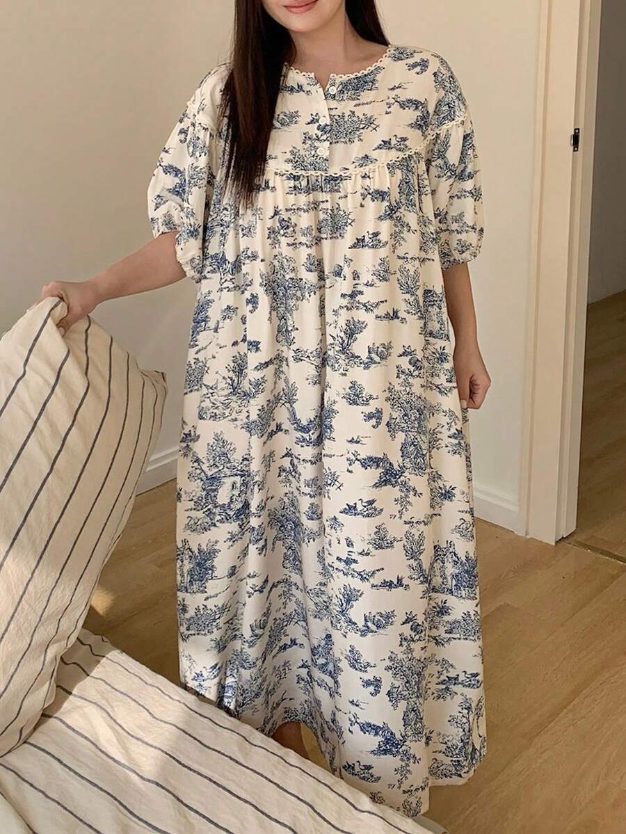 Dazy Plus 大码女式印花撞色蕾丝边宽松长款睡裙，春夏优雅睡衣 - 藍色 - 查看 1