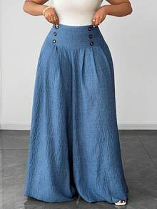 Maweii Plus Size Women's Solid Color Casual Woven Wide Leg Pants - Blue - View 1