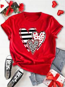 DrmWander 爱心印花休闲简约圆领短袖修身大码女式T恤，适合夏季、情人节礼物、户外穿着 - 紅色 - 查看 1