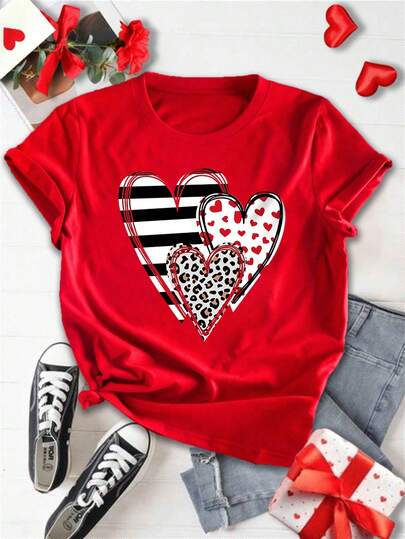 DrmWander 爱心印花休闲简约圆领短袖修身大码女式T恤，适合夏季、情人节礼物、户外穿着