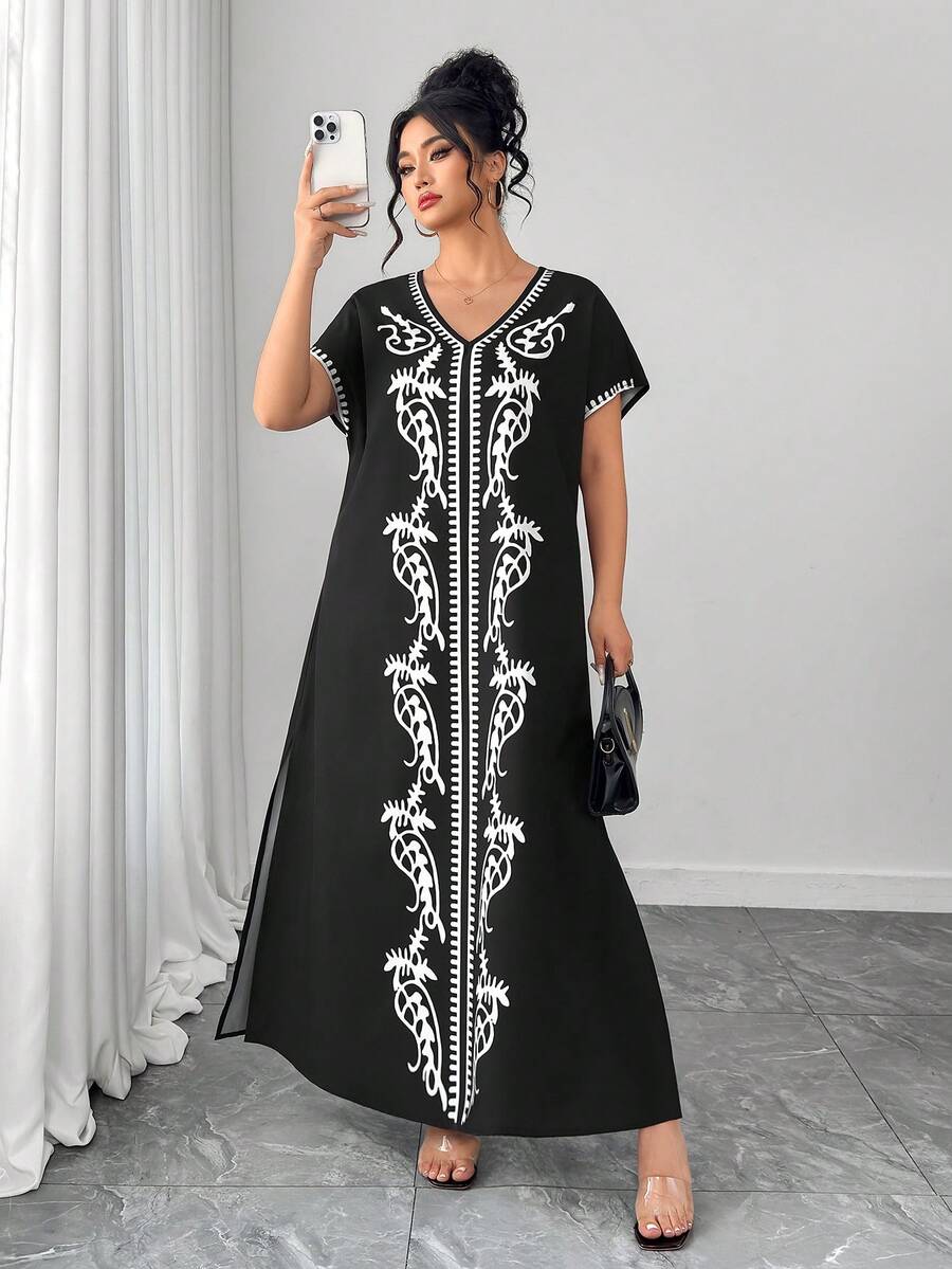 Elenzga Plus Size Women Floral Print Dress, Casual & Versatile For Dating, Daily Wear, Romantic Style, Spring/Summer - Black and White - View 1