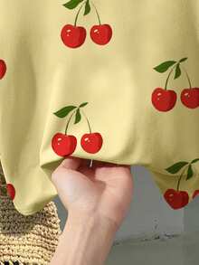 女士樱桃印花黄色圆领休闲短袖T恤 - 黃色 - 查看 6