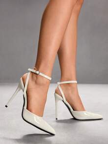 CUCCOO SZL 女士黑色珠光尖头细高跟性感派对晚宴高跟鞋，带踝带，适合圣诞节穿着 - 鏡面米白12 - 查看 5