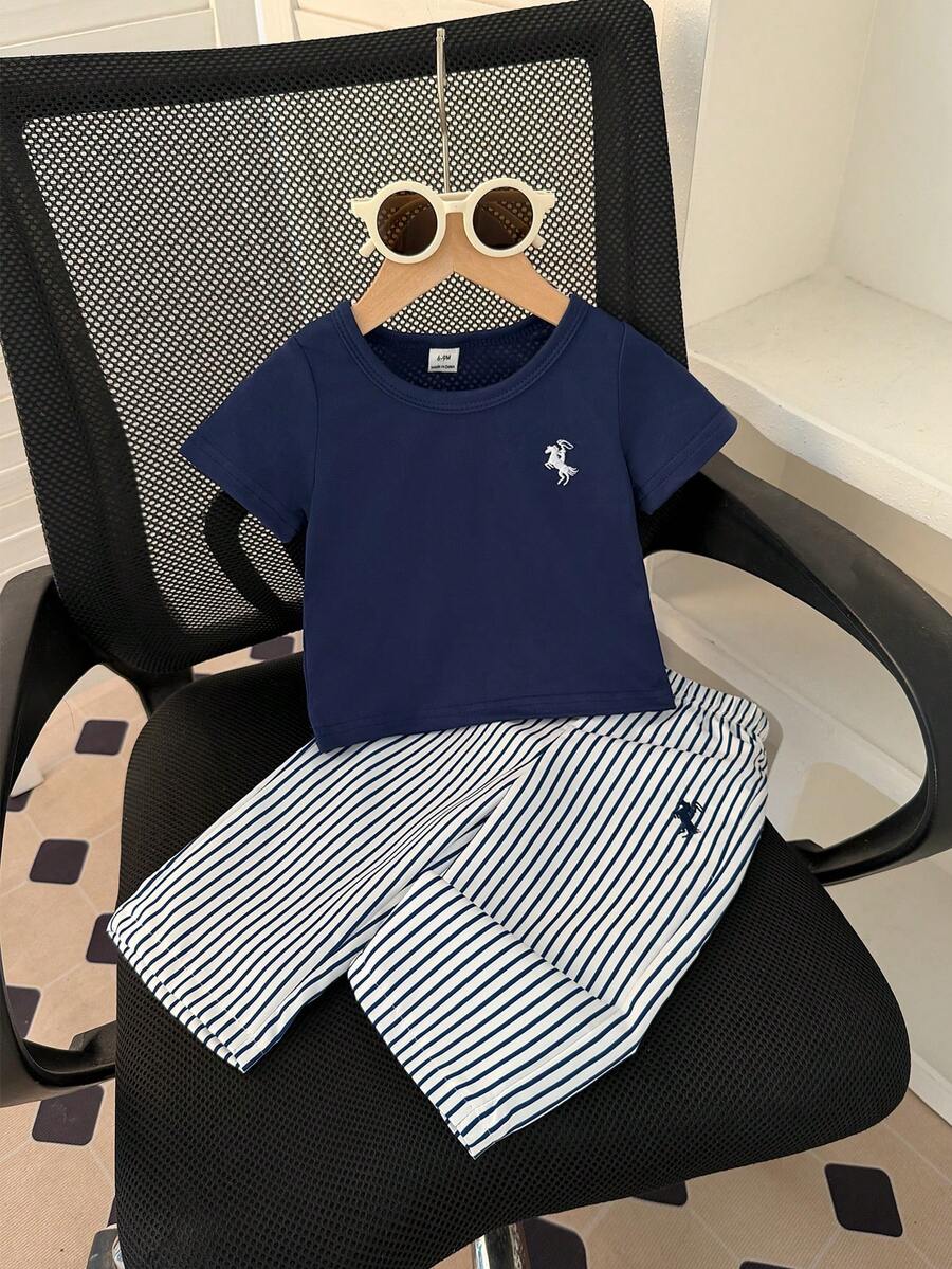 SHEIN 2pcs Infant Girls' Summer Fashionable Minimalist Street Style White Short Sleeve T-Shirt With Black Embroidered Decor On Chest And Apricot Striped Pants Set, Suitable For Daily School Wear - Navy Blue - View 1