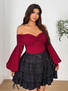 Vionelle Sexy Minimalist Pleated Waist Off Shoulder Plus Size Cropped Blouse - Burgundy - View 2