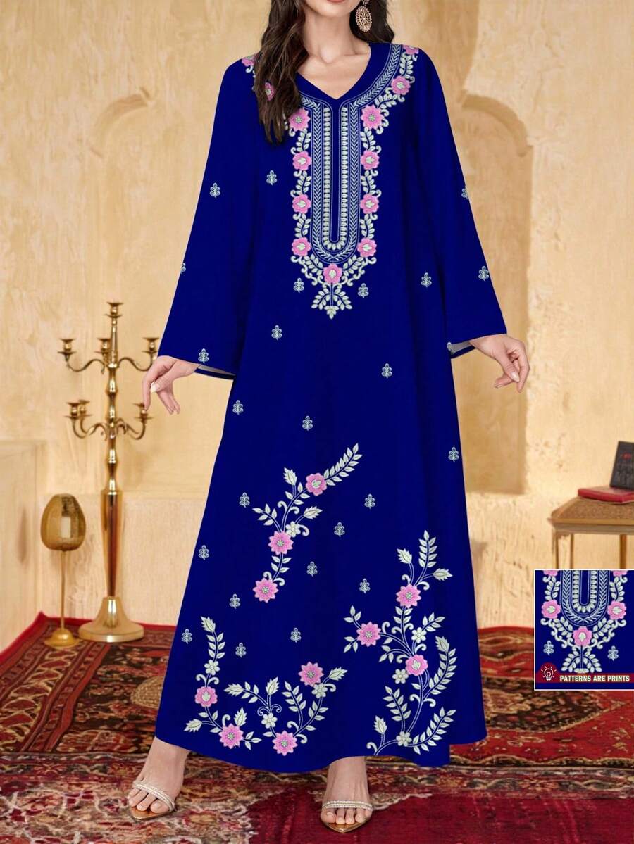 Al Najma 女士藏蓝色V领长袖喇叭下摆优雅舒适印花连衣裙,涤纶材质,适合居家、外出、度假、派对等场合。 - 寶藍色 - 查看 1