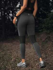 SHEIN In My Nature 女士高腰拼接撞色休闲百搭日常运动户外紧身裤 - 黑色 - 查看 2