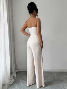 Elenzga Urban Chic 新款春夏杏色弹力抹胸扭结金属环装饰高腰阔腿连体裤，适合日常穿着、婚礼、正式场合、通勤、毕业派对、假日、约会、聚会、万圣节、圣诞节、新年、感恩节等场合。 - 杏色 - 查看 2