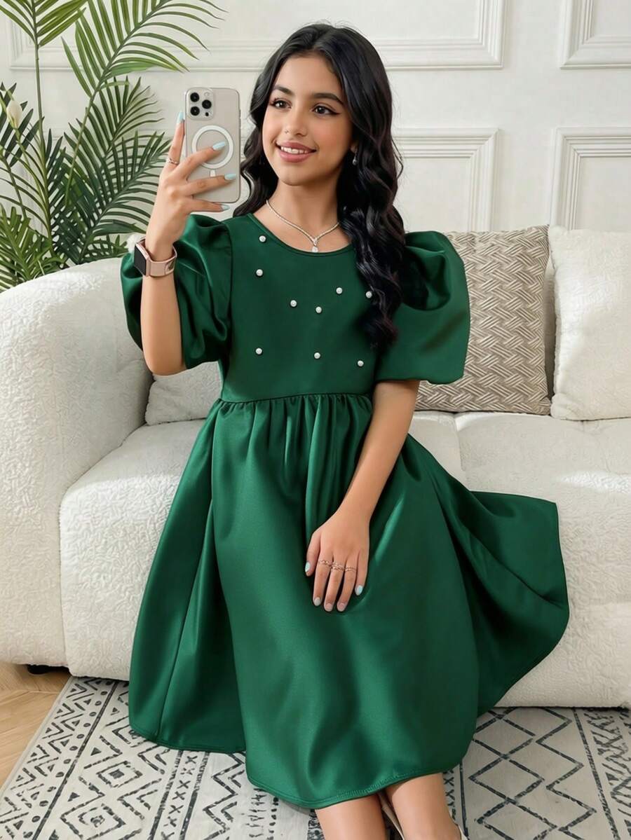 SHEIN Đầm midi tay phồng thanh lịch đính ngọc trai dành cho bé gái tuổi teen - màu đen - Xem 1