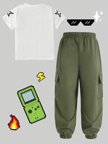 SHEIN Coolqubz Bộ 2 món đồ in hình nhân vật hoạt hình, kiểu dáng thường ngày thoải mái, thời trang, quần short tay dài có dây rút cho bé trai. - trắng - Xem 3