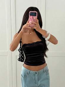 CovetEZ 女士性感棕色蕾丝边天鹅绒抹胸上衣，夏季 - 棕色 - 查看 6