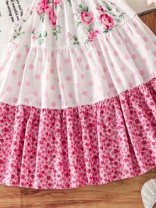 SHEIN Young Girls Pink Ditsy Floral Dress, Girls White Summer Party Ditsy Floral Contrast Color Polka Dot Spaghetti Strap Sleeveless Tiered Flowy Sundress - Pink - View 5