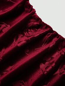 Sweetra 大码褶皱腰身印花紧身迷你连衣裙 - 酒紅色 - 查看 6