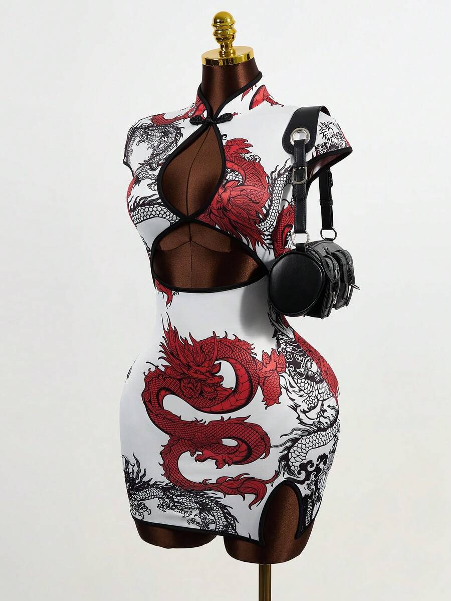 Mistrie Short Cheongsam Dress With Dragon Print, Retro Sexy Bodycon Mini Dress With Waist Cutout And Slit Sexy Curve Dress Women Sexy Dress Graphic Dress Dragon Print Dress - Multicolor - View 1