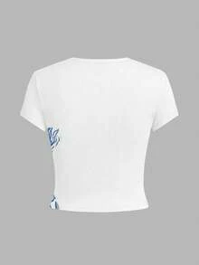 SHEIN 白色修身短款T恤，百搭贴身，花卉图案，时尚百搭，适合外出穿着。 - 彩色 - 查看 2