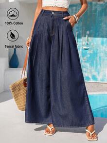 Vivid Eden 女士纯色中腰褶裥口袋宽松牛仔裤 - 深色水洗藍 - 查看 2