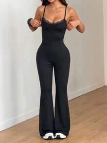 FavEase 黑色蕾丝边拼接吊带露背收腰复古喇叭连体裤，女士春夏休闲家居服，户外、运动、瑜伽，简约百搭 - 黑色 - 查看 7