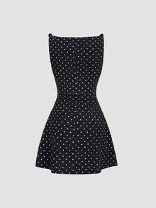 Sweetra New Elegant V-Neck Twist Ruched Waist Polka Dot Sleeveless Dress, Suitable For Spring/Summer Commute And Casual Wear - Black - View 2