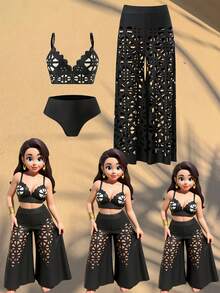 Bonvoyette 3pcs/Set Summer New Women's Swimsuit Strappy Solid Top, High Waisted Shorts, Hollow Out Long Beach Cover Up, Fashion Resort Bikini Set - Black - View 7