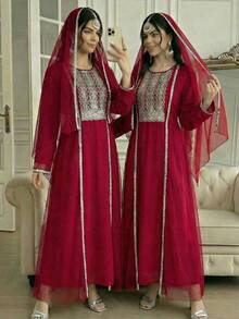 SHEIN 2pcs/Set Teen GirlOutfit, Knit Slit Cami Dress And Button-Up Cropped Jacket Set, Gray - Red - View 3