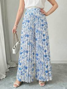 Sparklyn Quần ống rộng xếp ly cạp chun in hoa dành cho nữ tuổi teen, kiểu dáng thanh lịch và thoải mái, phù hợp cho mùa xuân/hè, đi nghỉ mát, đi chơi và dự tiệc. - Màu xanh lam - Xem 1