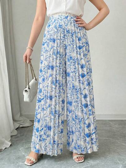 Sparklyn Teen Girls Floral Print Elastic Waist Pleated Wide Leg Pants, Elegant & Relaxed Fit, Suitable For Spring/Summer, Vacation, Casual & Party Occasions