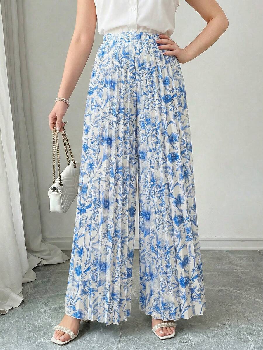 Sparklyn Quần ống rộng xếp ly cạp chun in hoa dành cho nữ tuổi teen, kiểu dáng thanh lịch và thoải mái, phù hợp cho mùa xuân/hè, đi nghỉ mát, đi chơi và dự tiệc. - Màu xanh lam - Xem 1