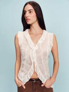 lacRébo Sheer White Chiffon Ruffled Sleeveless Top With Fitted Waist, Romantic Spring Summer Top French Style Parisian Style Vacation Going Out Women's Top - Beige - View 5