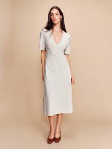 lacRébo 浅鼠尾草绿格纹印花中长连衣裙，V领短袖设计，可爱春夏风格，法式巴黎风，适合外出、商务休闲等各种场合，女士夏季休闲中长连衣裙，短袖连衣裙 - 彩色 - 查看 5