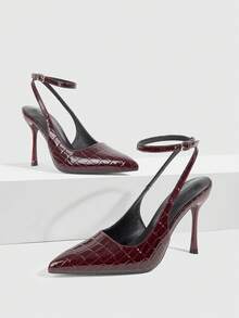 CUCCOO SZL Pointed Toe Stiletto High Heel Black Glossy Fabric Fashion Versatile Sexy Party Ankle Strap Women's High Heel Pumps, Women's Backless Pumps For Christmas - 7639 Stone pattern burgundy 96 - View 2