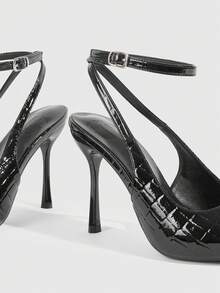 CUCCOO SZL Pointed Toe Stiletto High Heel Black Glossy Fabric Fashion Versatile Sexy Party Ankle Strap Women's High Heel Pumps, Women's Backless Pumps For Christmas Valentine's Day - 7639 stone pattern black - View 6