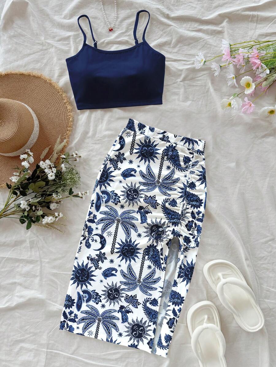 Soleia 2pcs/Set Casual Vacation Style Navy Blue Sun God Palm Tree Hand-Painted Pattern Full Print Women Tank Top And Printed Skirt, Suitable For Spring/Summer Spring - Multicolor - View 1