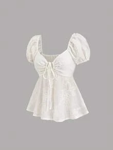 Sweetra Romantic Sweet Cute Pure Rebellious Heiress Mischievous Sassy Y2K Retro College Vacation Music Festival Casual College Street Date Smock Drawstring Bow 3D Embroidery Milky White Women Blouse Shirt, Spring/Summer/Autumn - Apricot - View 5