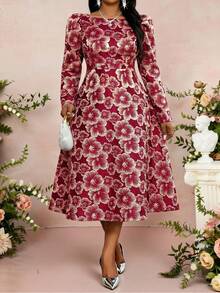 Fleurora Váy midi dài tay jacquard thanh lịch cỡ lớn dành cho nữ, thích hợp cho các bữa tiệc và chuyến đi chơi, mùa thu/đông - Nhiều màu - Xem 7