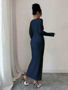 Elenzga 女士优雅纯色不对称领修身中长连衣裙，秋冬款 - 藍色 - 查看 2