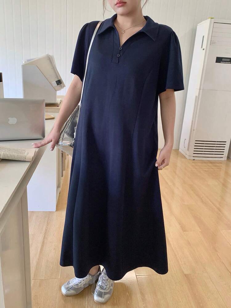Dazy Plus Plus Size Women's Solid Color Polo Collar Half-Placket Short Sleeve Casual Straight T-Shirt Dress, Spring/Summer Sundress